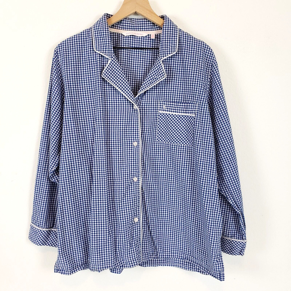 Victoria's Secret SIZE M Mayfair Pajama Button Top Blue White Plaid Check PJ